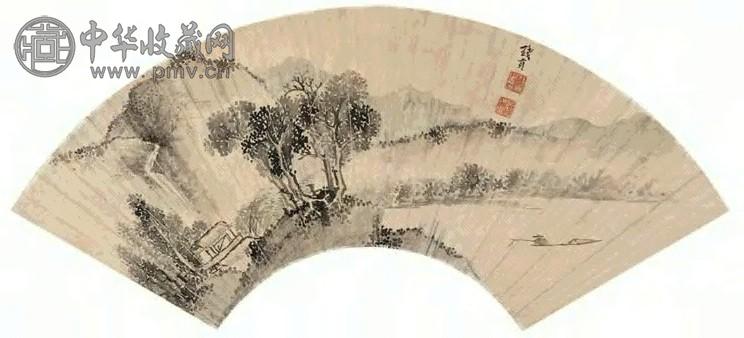 钱贡 溪山钓艇图 扇面 水墨金笺