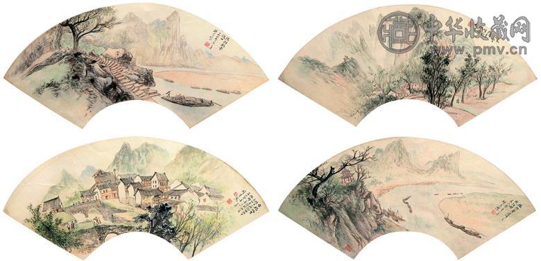 黎雄才 山水 扇面(4开) 纸本设色