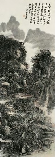 黄宾虹 1952年作 层岩幽境图 轴 设色纸本