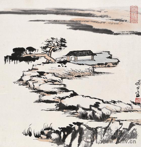 陆俨少 平沙茅亭图 镜心 设色纸本