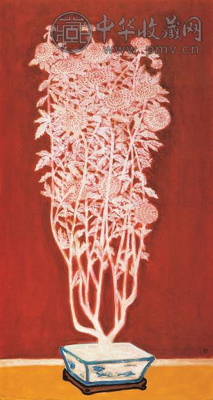 常玉 约于1940-50年代作 青花盆中盛开的菊花 油彩纤维板