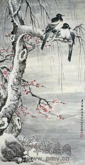 陆翀 辛巳(1941年)作 雪梅寒禽 立轴 设色纸本