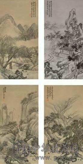 郭兰枝 山水 四屏 设色纸本