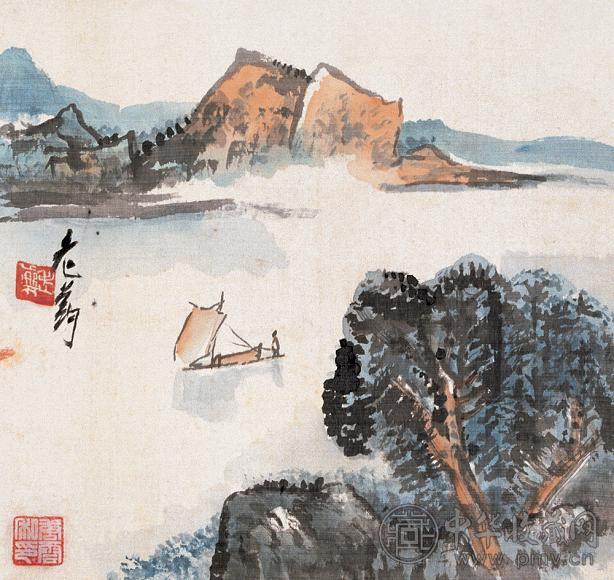 唐云 春江帆影图 立轴 设色绢本