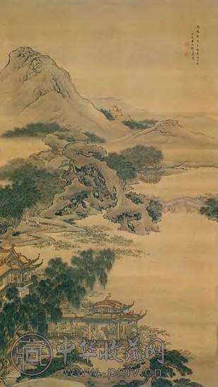 袁耀 1754年 山水楼阁 立轴 设色绢本