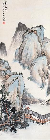 徐曦 1940年作 山楼观瀑图 立轴 设色纸本