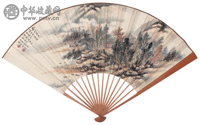 尤小云 陈运彰 1947年作 溪山无尽图 行书 成扇 设色纸本