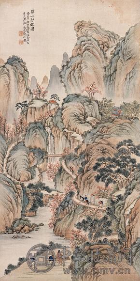 白宗魏 丁卯(1867年)作 蜀山行旅图 立轴 设色绢本