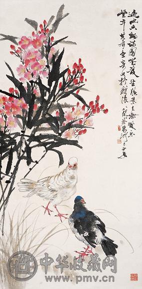蔡鹤洲 双鸽 立轴 设色纸本