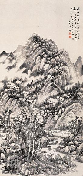 张石园 甲戌(1934年) 苍山村居 立轴 水墨纸本