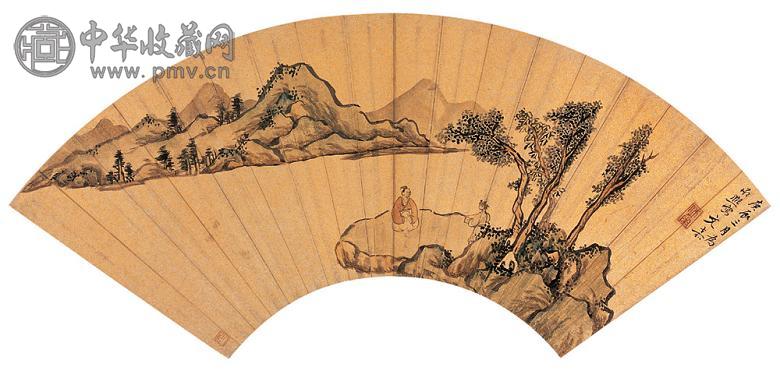 文嘉 1580年作 松荫侍读图 扇面 泥金纸本