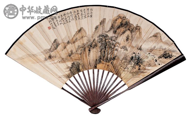 顾坤伯 马骀 1932年作 浅绛山水 楷书 成扇 洒金笺纸本