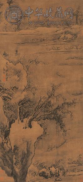 罗牧 己巳(1689年)作 雪溪渔艇图 立轴 水墨绢本