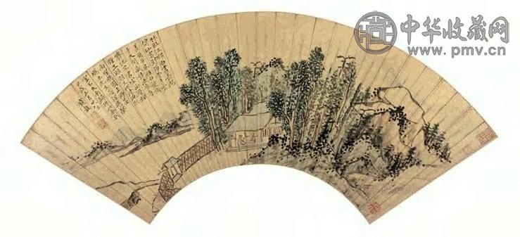 钱谷 1574年作 茅堂清话图 扇面 设色金笺