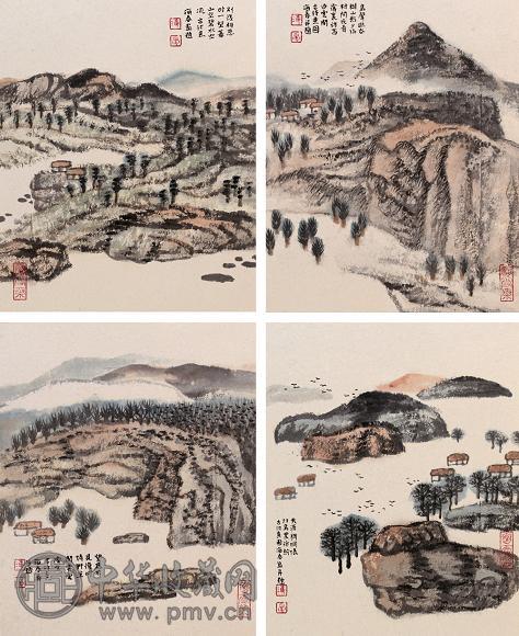 萧海春 唐诗画意册 册页(10开选4) 设色纸本