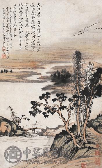 黎简 己酉(1789年)作 秋江策杖 立轴 设色纸本