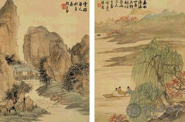 胡公寿 春景山水 二件 屏 设色绢本