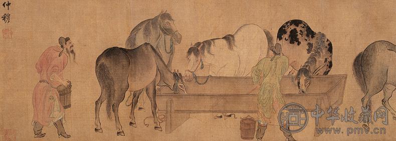 赵雍(款) 饲马图 卷 设色绢本