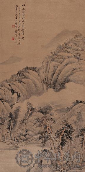 楼辛壶 1922年作 云山听泉图 立轴 设色纸本