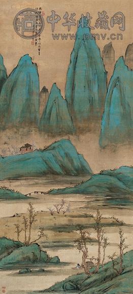 梁于渭 1901年作 春岭钓徒图 立轴 设色绢本