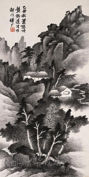 萧愻 乙丑(1925年)作 拟龚贤山水 立轴 水墨纸本