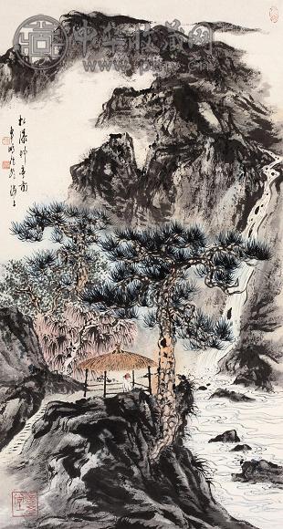 车鹏飞 松瀑草亭图 镜心 设色纸本