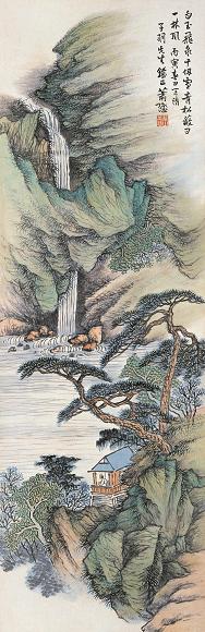 萧愻 丙寅(1926年)作 水阁听泉 立轴 设色纸本