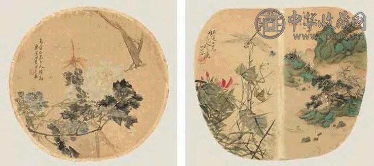 沙山春 1890年作 花鸟 山水(2件) 扇面