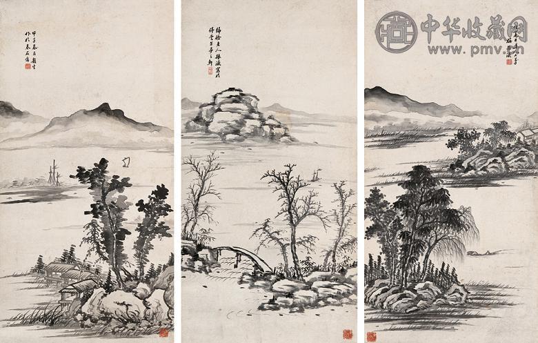 梅振瀛 甲子(1864年)作 拟各家山水 条屏 设色纸本