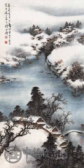 黄幻吾 1981年作 江天初雪图 立轴 设色纸本