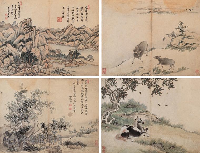 蔡远 杨晋 五家集锦册 册页(10开选4) 设色纸本