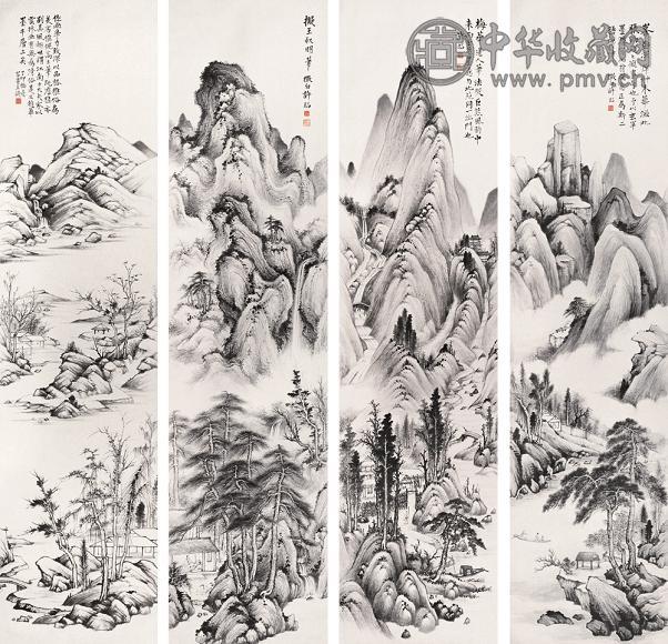 许昭 仿元四家 四屏 水墨纸本