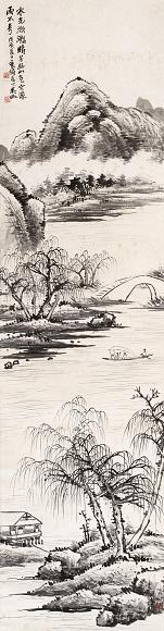 吴徵 1928年作 春水泛舟图 立轴 设色纸本