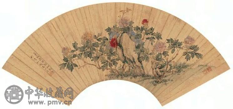 马荃 牡丹奇石图 扇面 设色洒金绢本