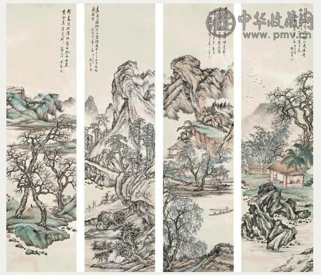 袁培基 甲子(1924年)作 仿各家山水 屏条(4) 设色纸本