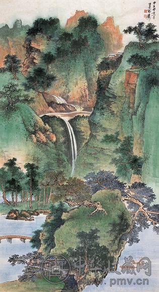 谢稚柳 1984年作 叠翠飞瀑 镜心 设色纸本