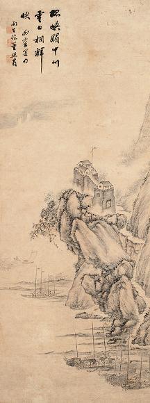 汤贻汾 廓外泊舟图 立轴 设色纸本