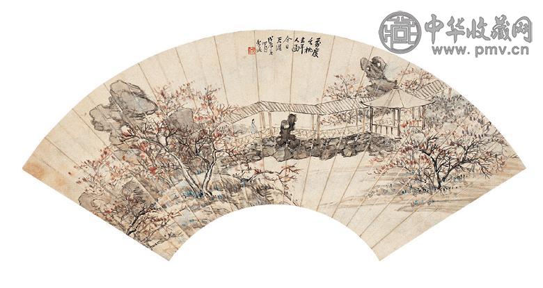 孙雪泥 1928年作 夭桃人面图 扇面 设色纸本