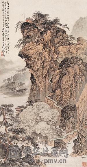 杨石朗 溪山萧寺图 立轴 设色纸本