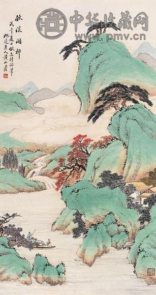 黄山寿 1918年作 秋溪闲棹图 立轴 设色纸本