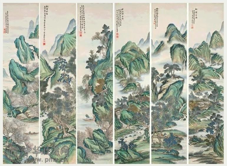 彭暘 1860年作 青绿山水 六屏 设色绢本