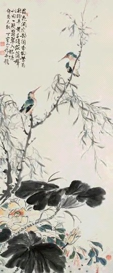 丁宝书 银塘翠禽图 立轴 设色纸本