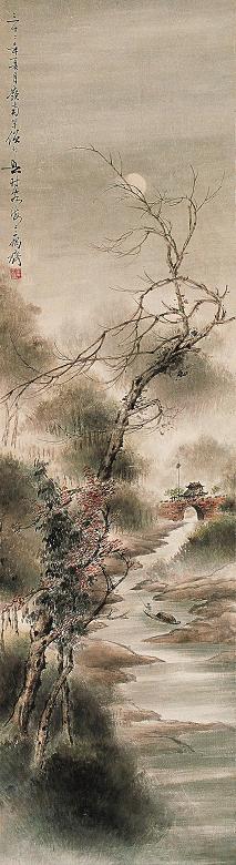 黄幻吾 1932年作 月下古城 立轴 设色纸本