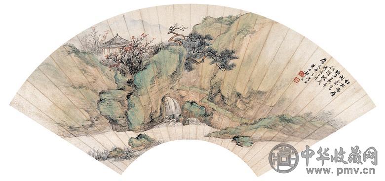 祁崑 戊辰(1928年)作 碧岩红树图 扇面 纸本