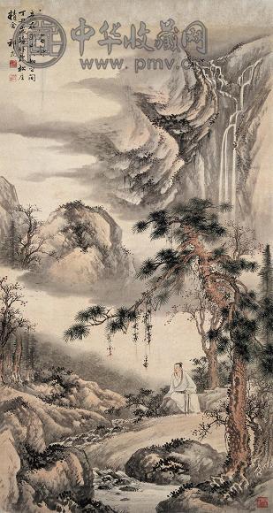 祁昆 1937年作 松下高士 立轴 设色纸本