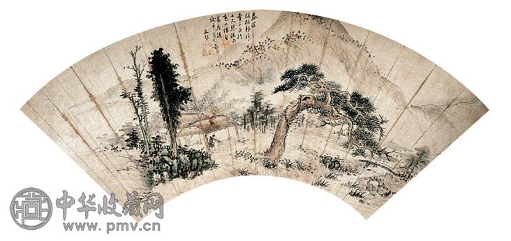 文彭(款) 草庐著书图 扇面 设色纸本