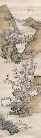 胡铁梅 江枫渔火图 立轴 绫本