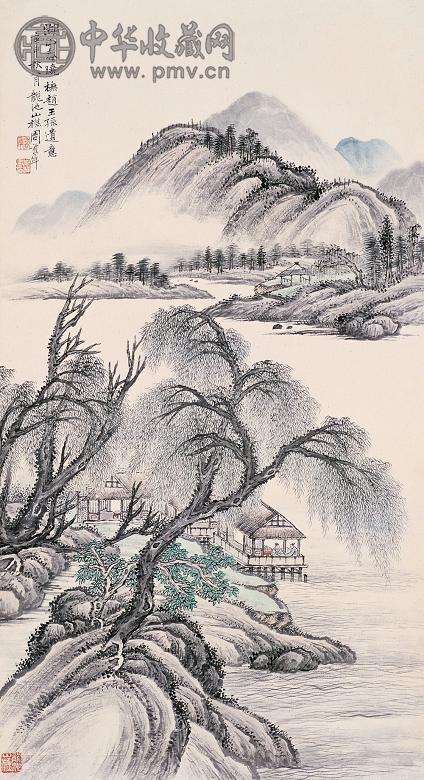 周乔年 1980年作 湖山春晓 立轴 设色纸本