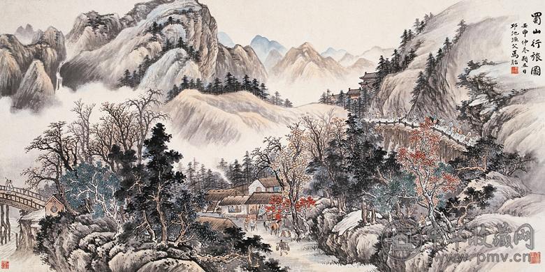 马骀 壬申(1932年)作 蜀山行旅 镜心 设色纸本