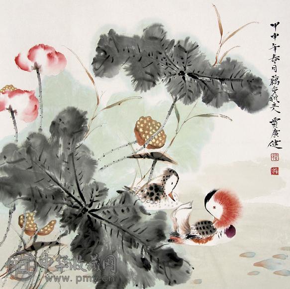 贾广健 荷花鸳鸯 立轴 设色纸本